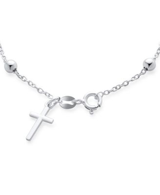 Thin Simple Religious Prayer Ball Beads Cross Rosary Bracelet Sterling Silver