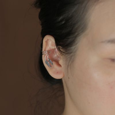 Double Leaf Feather Cartilage Ear Cuffs Clip Wrap Wire Earrings Helix Non Pierced Ear Oxidized Sterling Silver