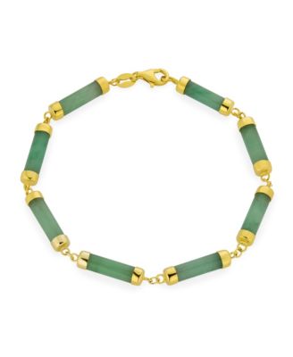 Asian Style Fine Jewelry Tube Bar Link Strand Green Natural Jade Bracelet Gold Plated Sterling Silver