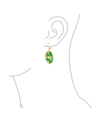 Asian Style Circle Disc Round Donut Good Fortune Green Jade Butterfly Drop Dangle Earrings Gold Plated Sterling Silver Lever Back