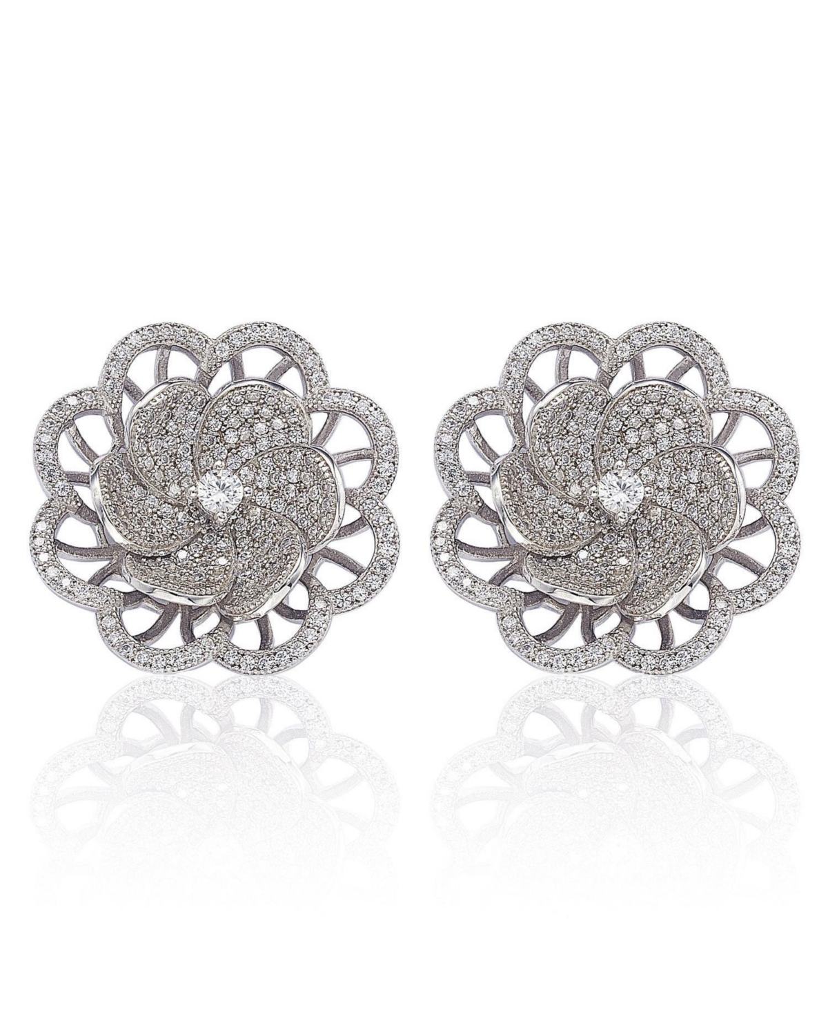Suzy Levian Sterling Silver Cubic Zirconia Large Pave Flower Stud Earrings - White