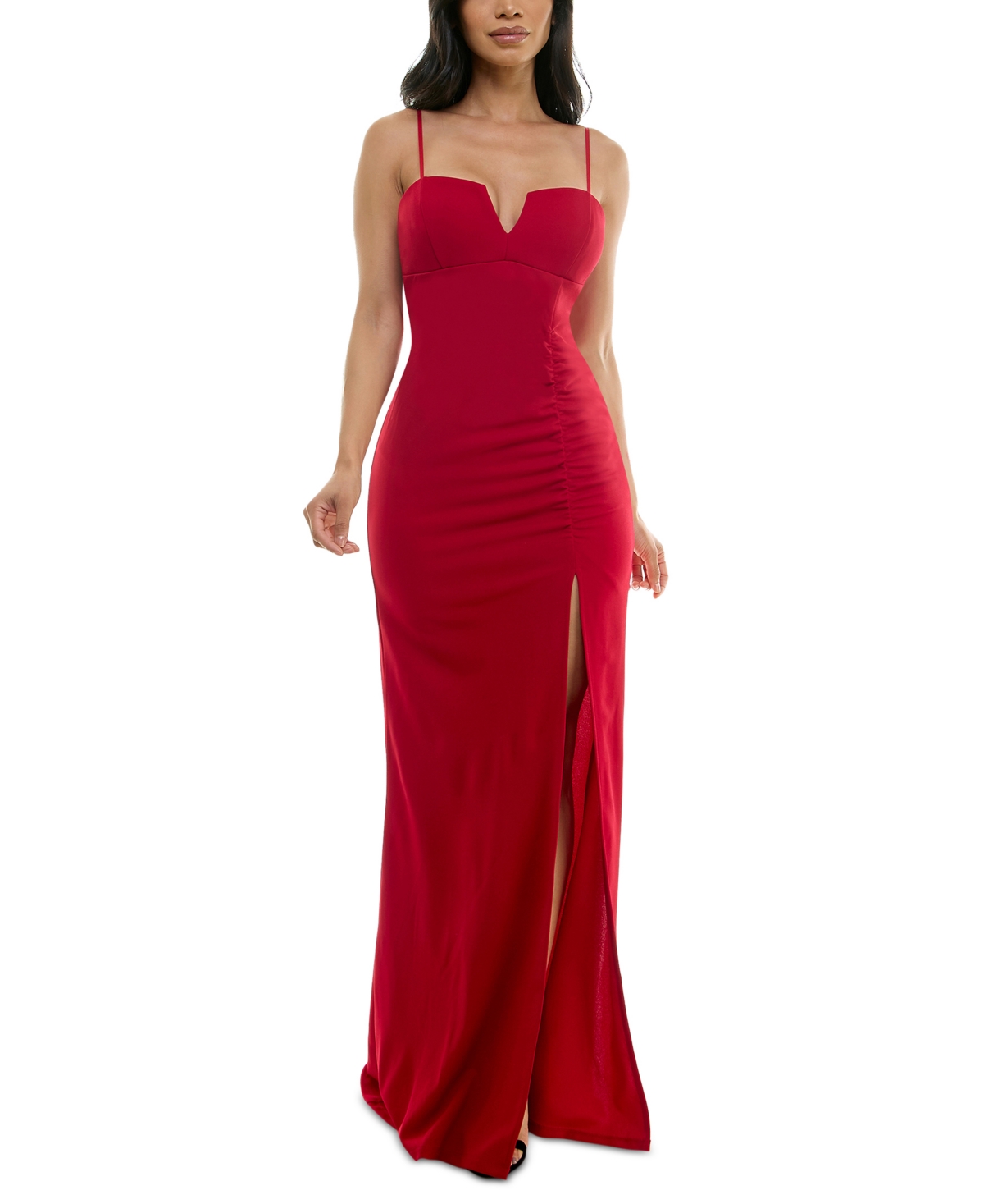 Juniors' Notch-Neck Slit-Front Gown - Red