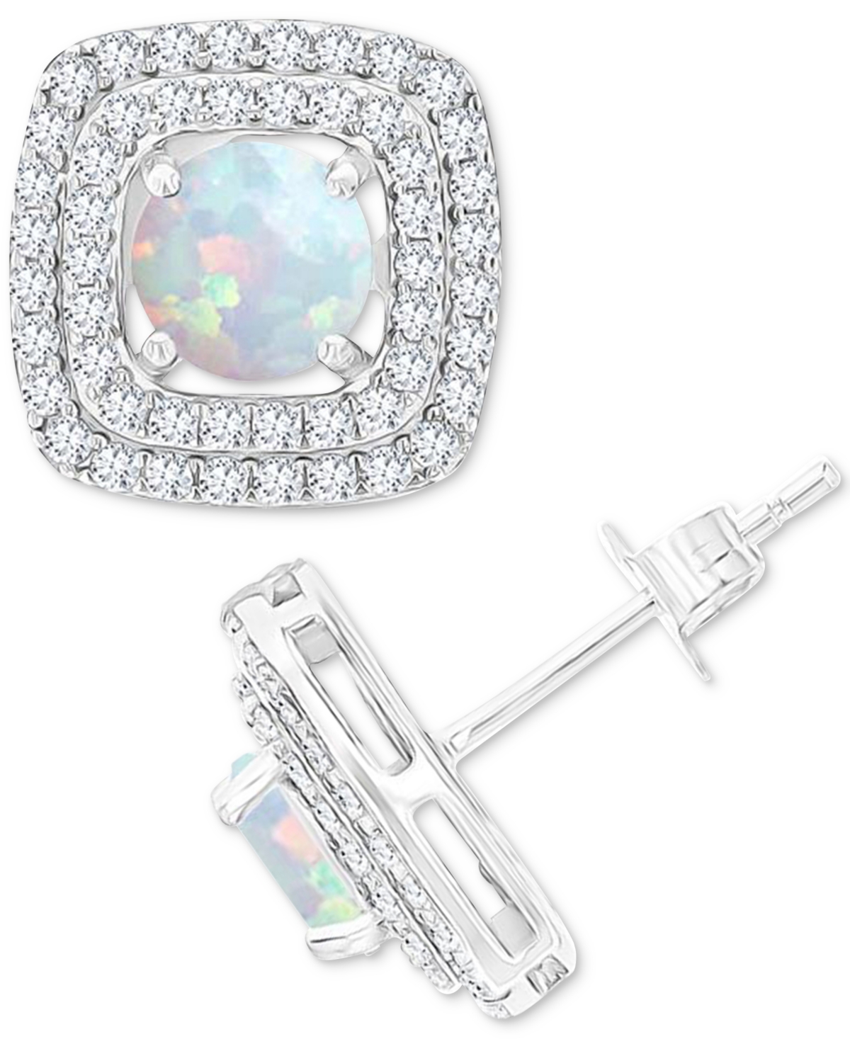 Macy's Gemstone & Lab-grown White Sapphire (5/8 Ct. T.w.) Square Halo Birthstone Stud Earrings In Sterling In Opal