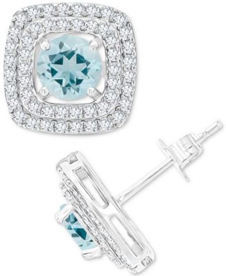 Gemstone & Lab-Grown White Sapphire (5/8 ct. t.w.) Square Halo Birthstone Stud Earrings in Sterling Silver - Aquamarine