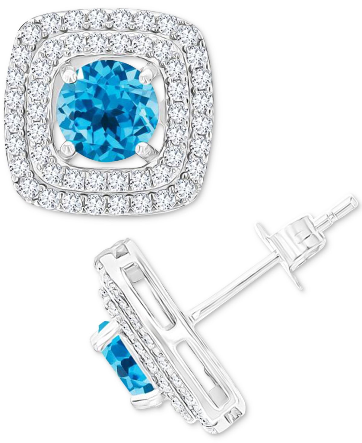 Macy's Gemstone & Lab-grown White Sapphire (5/8 Ct. T.w.) Square Halo Birthstone Stud Earrings In Sterling In Blue Topaz