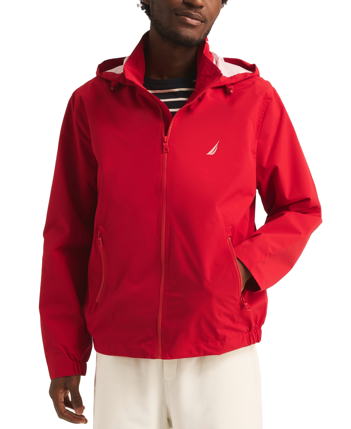 Nautica Men's Classic Rainbreaker Hooded Zip-front Lightweight Jacket In Naut Red