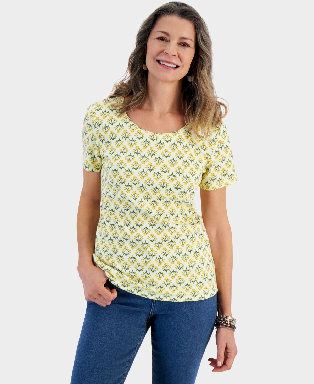 Shop Style & Co Women's Printed Short Sleeve Scoop-neck Top, Created For Macy's In Yellow Floral