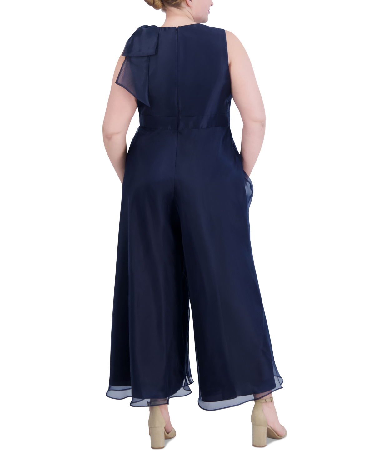 Shop Eliza J Plus Size Organza Bow-trim Halter Jumpsuit In Navy