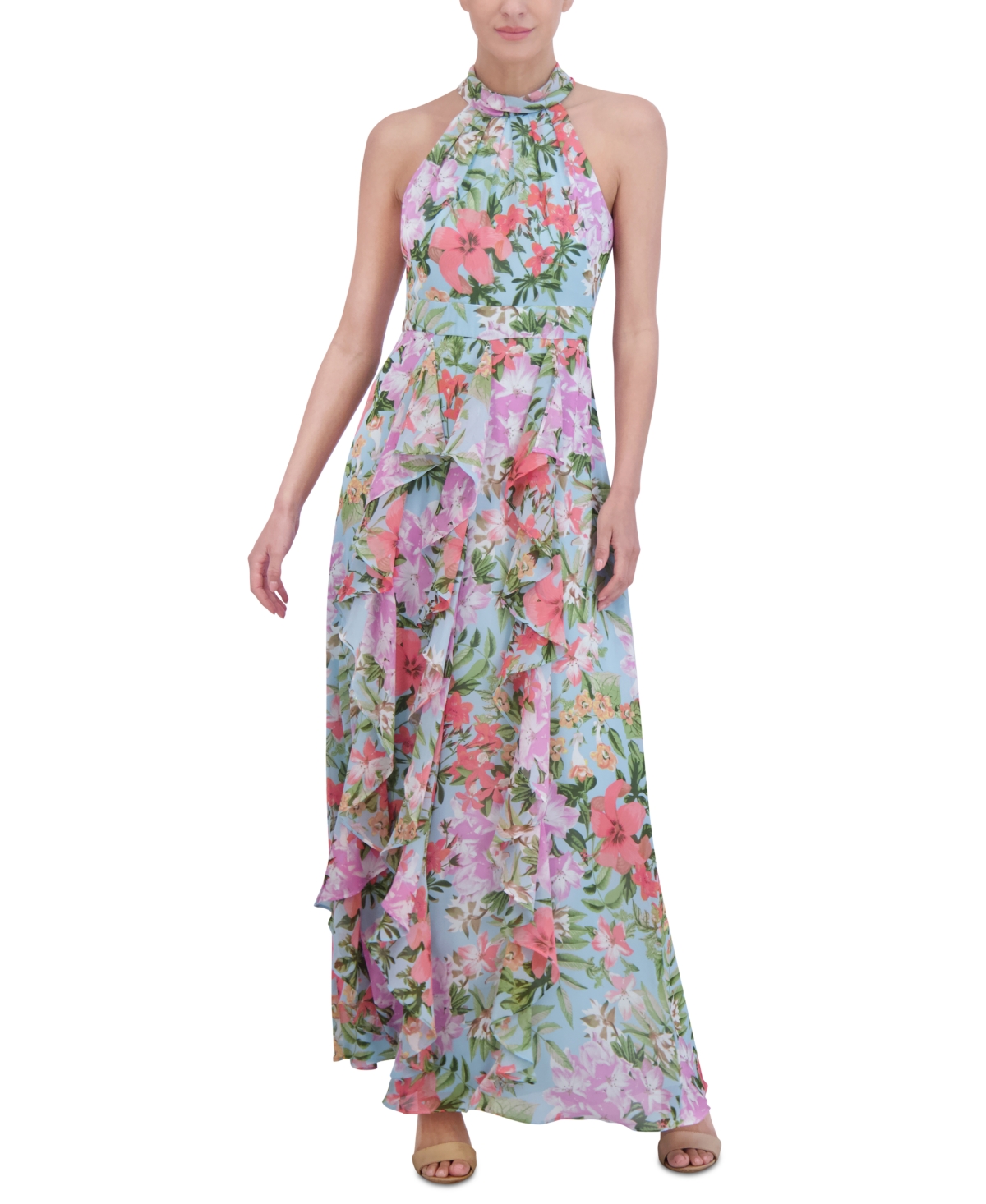 Women's Floral-Print Ruffled Halter Maxi Dress - Light Blue