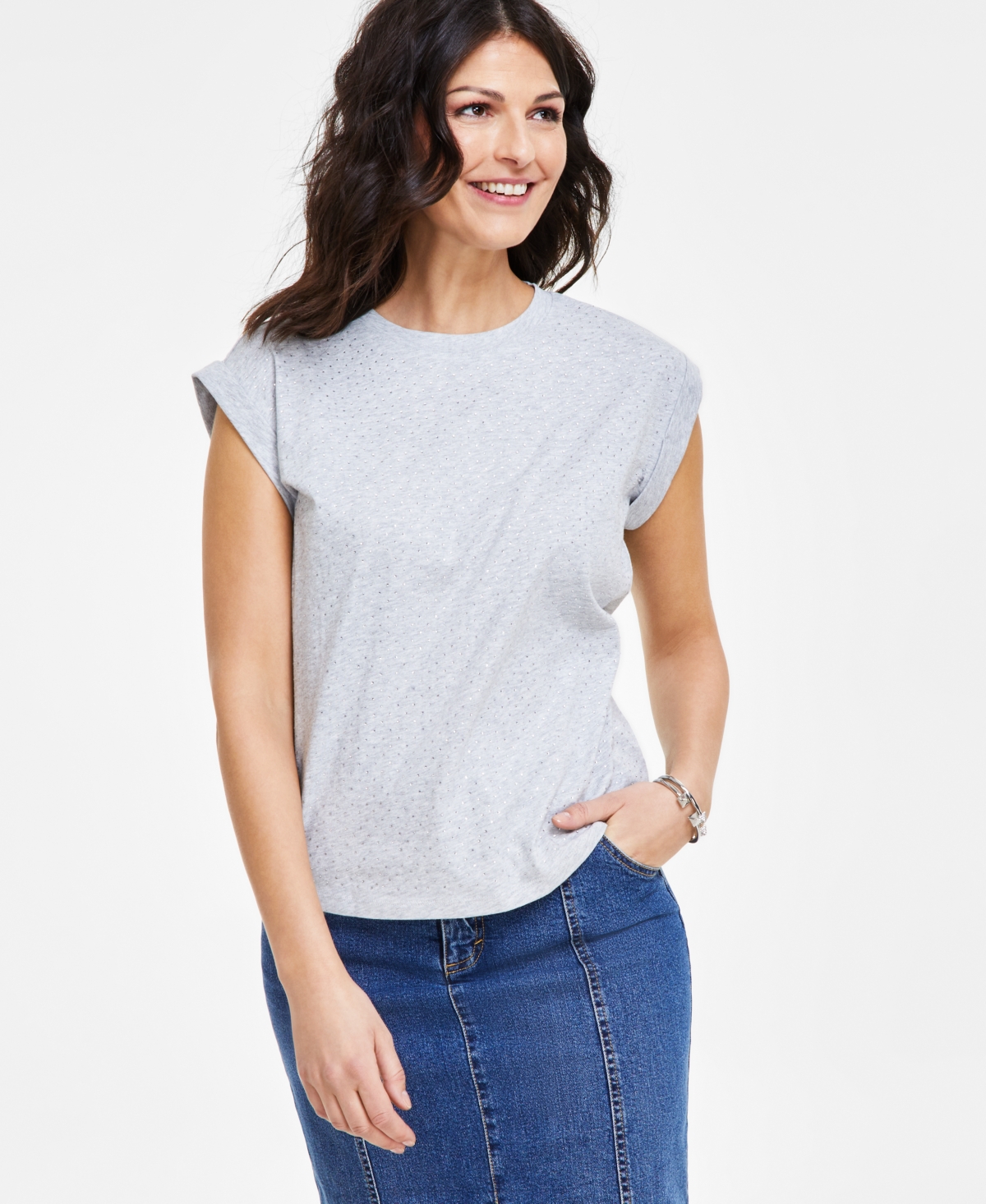 Inc International Concepts Petite Dew Drop Cotton Roll-sleeve Tee, Created For Macy's In Heather Belle Grey