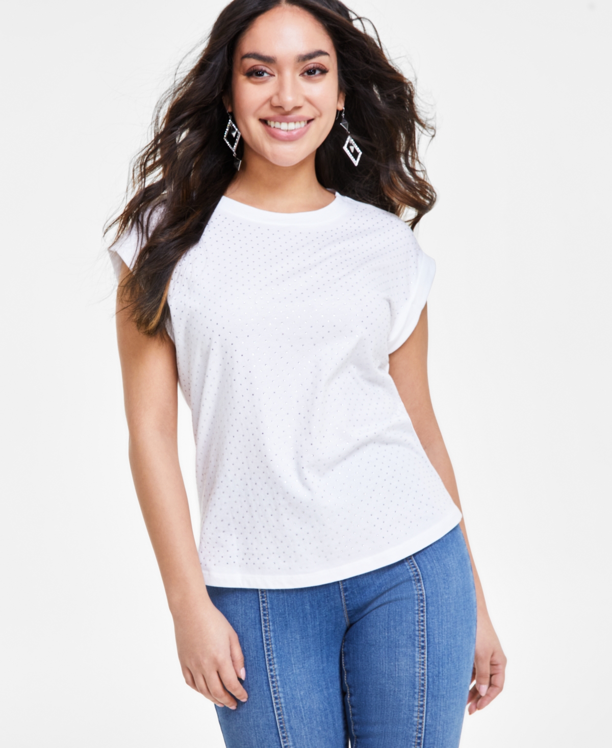 Inc International Concepts Petite Dew Drop Cotton Roll-sleeve Tee, Created For Macy's In Bright White