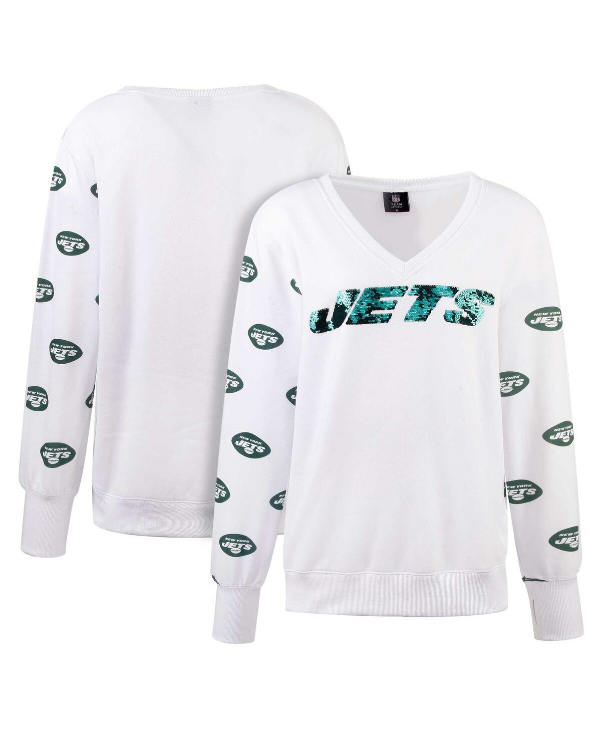 Women's Cuce White New York Jets Sequin Fleece V-Neck T-Shirt - White