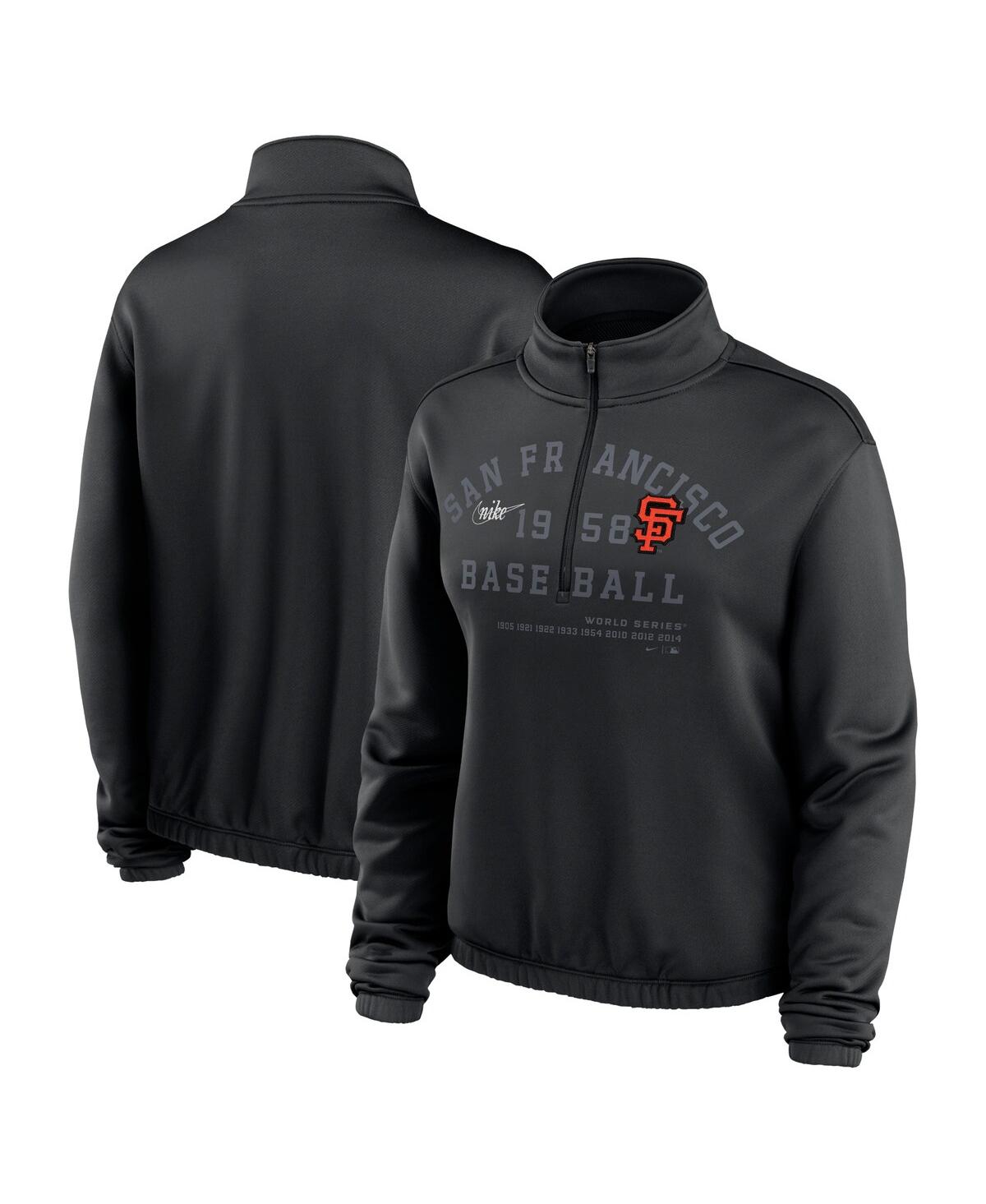 Shop Nike Women's  Black San Francisco Giants Rewind Splice Half-zip Semi-cropped Bubble Hem Sweatshirt