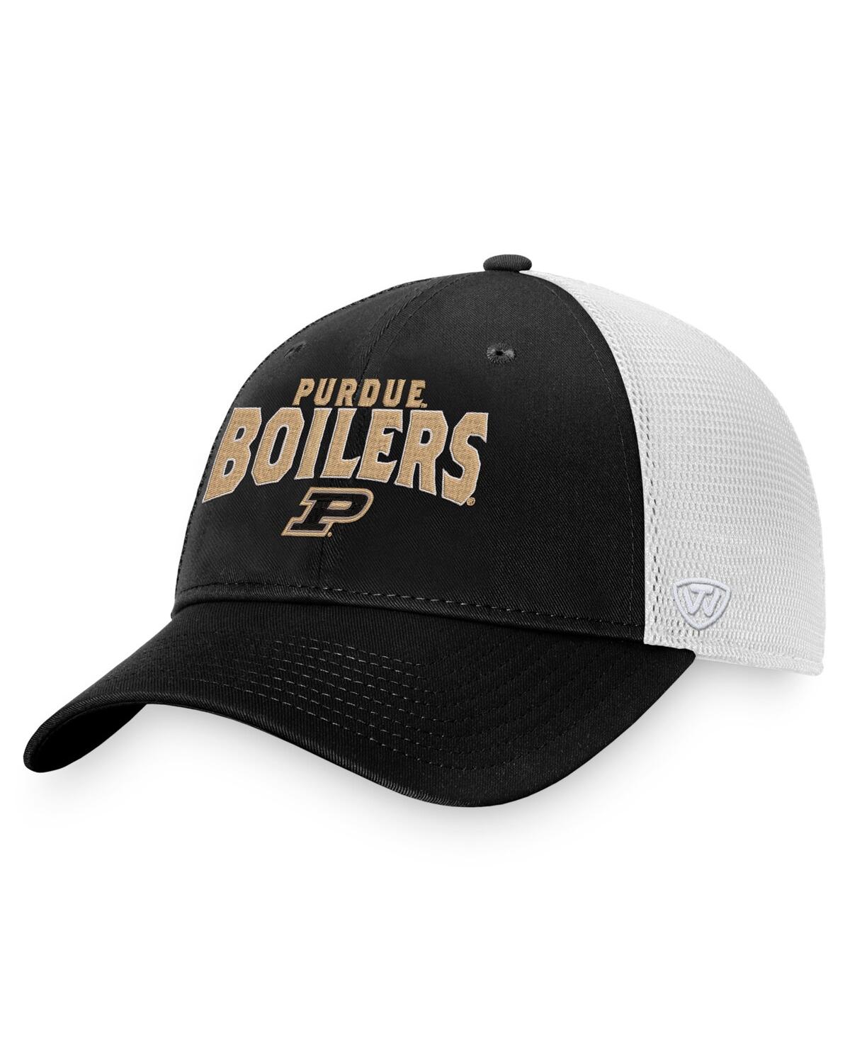 TOP OF THE WORLD MEN'S TOP OF THE WORLD BLACK, WHITE PURDUE BOILERMAKERS BREAKOUT TRUCKER SNAPBACK HAT
