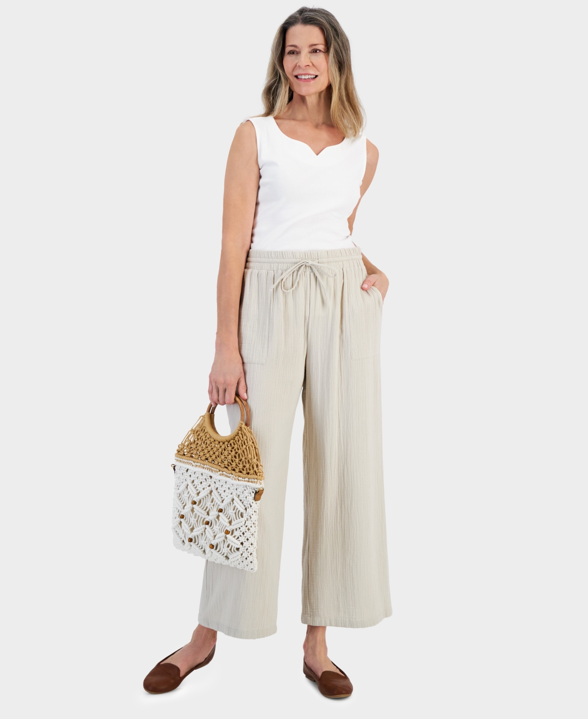 Shop Style & Co Women's Cotton Gauze Wide-leg Pants, Created For Macy's In Stone Wall