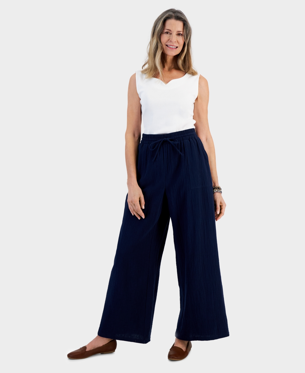 Shop Style & Co Women's Cotton Gauze Wide-leg Pants, Created For Macy's In Industrial Blue