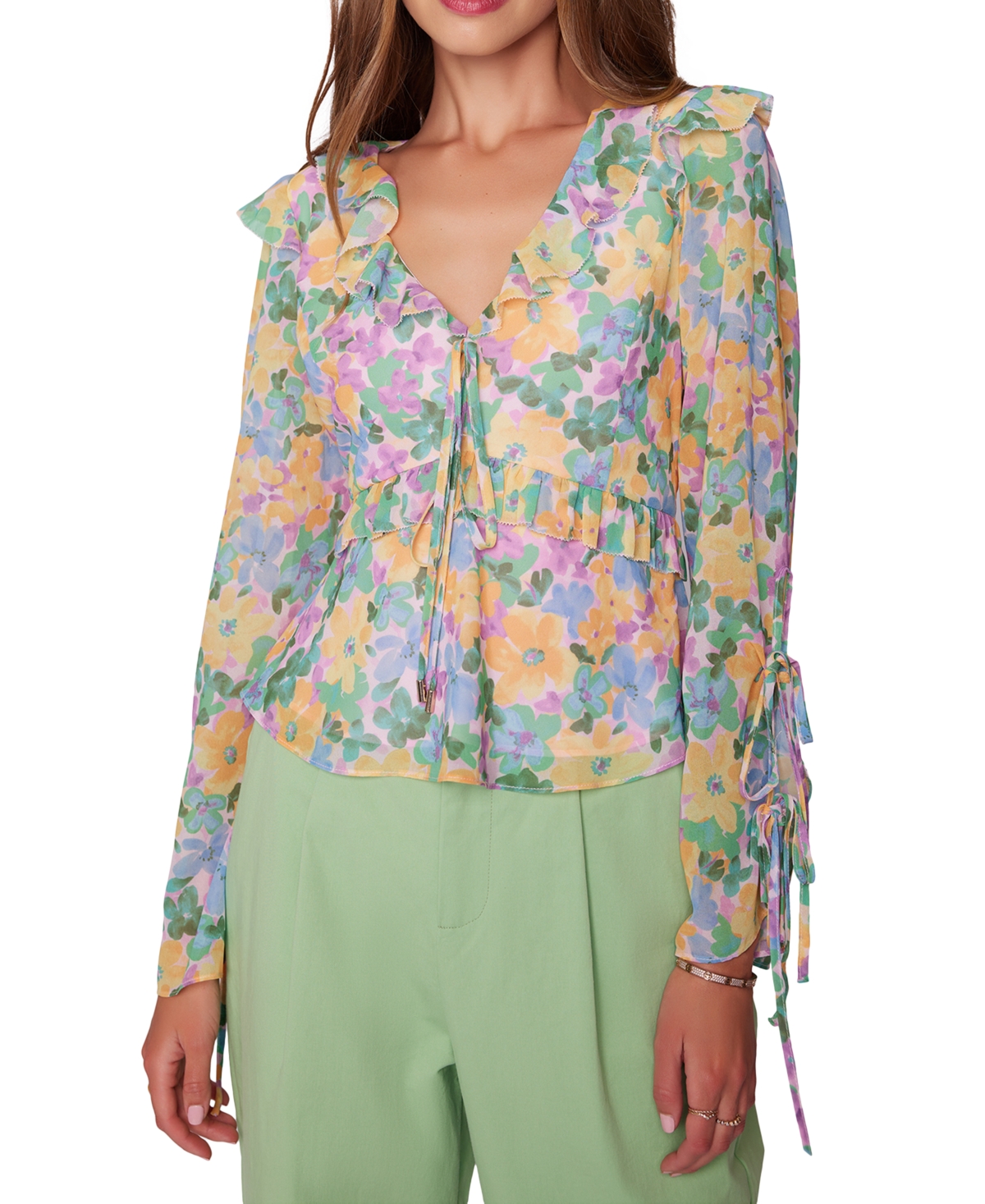 Women's Florescence Floral Print Ruffled Top - Yellow-purple