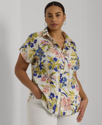 Lauren Ralph Lauren - Plus Size Linen Cuffed Short-Sleeve Shirt
