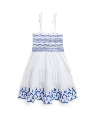 폴로 랄프로렌 Polo Ralph Lauren Toddler and Little Girls Smocked Eyelet Cotton Jersey Dress,White with Brilliant Sapphire