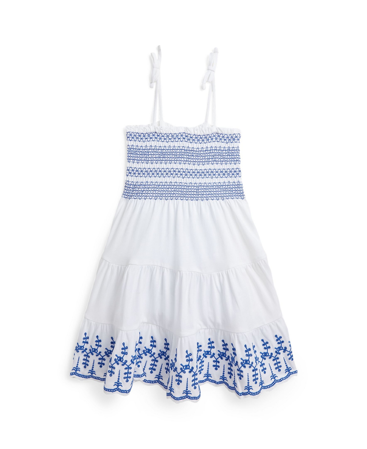 Polo Ralph Lauren Kids' Toddler And Little Girls Smocked Eyelet Cotton Jersey Dress In White With Brilliant Sapphire