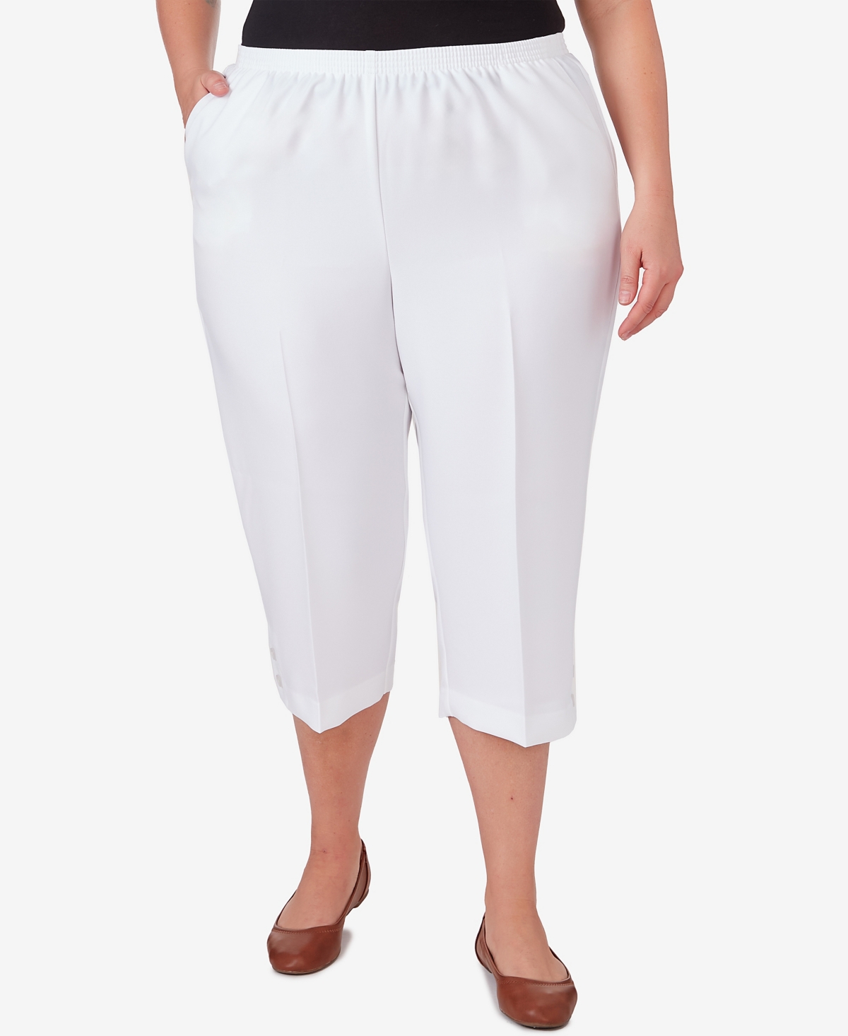 Alfred Dunner Plus Size Classic Stretch Waist Accord Capri Pants With Button Hem In White