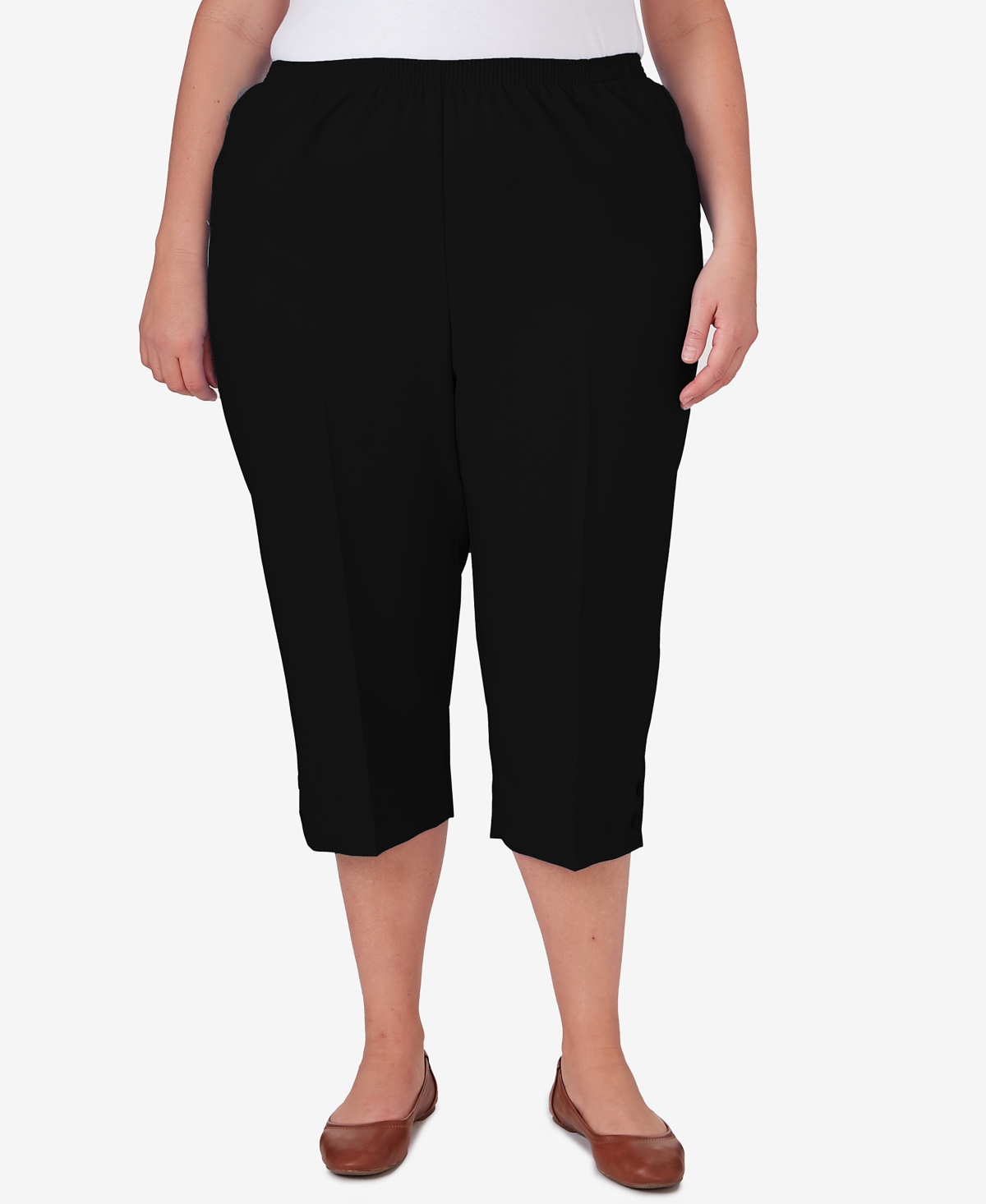 Shop Alfred Dunner Plus Size Classic Stretch Waist Accord Capri Pants With Button Hem In Black