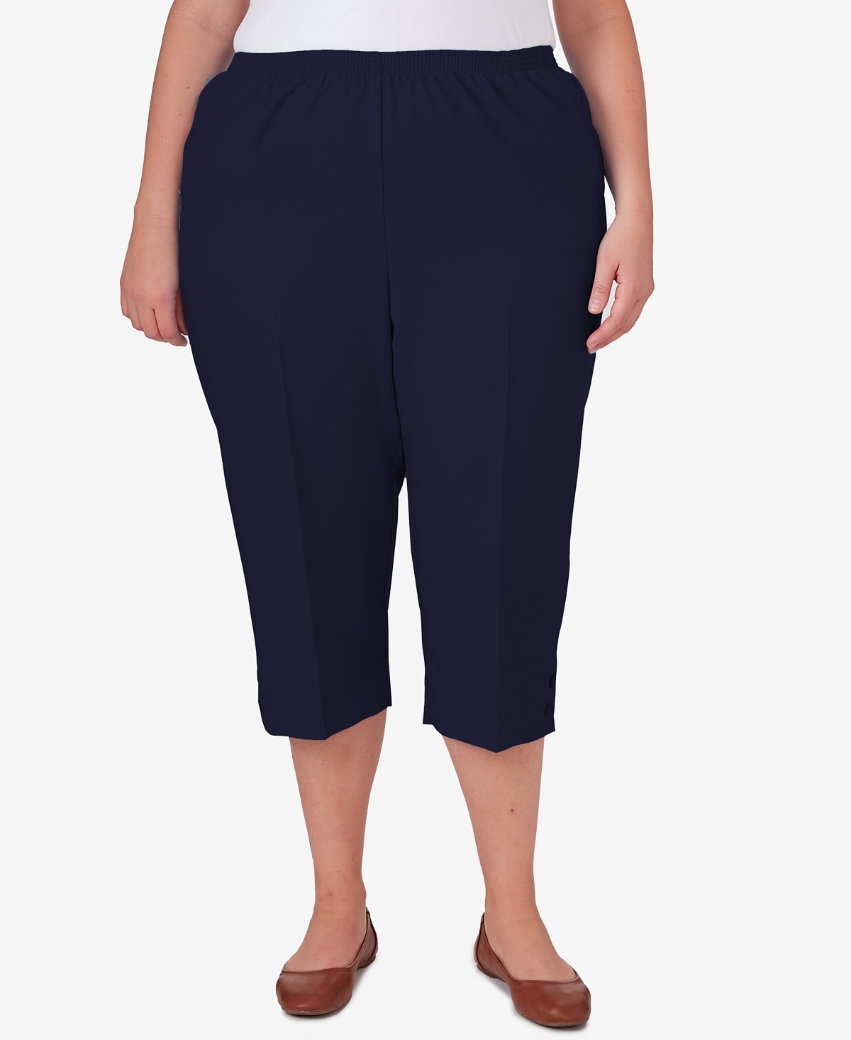 Shop Alfred Dunner Plus Size Classic Stretch Waist Accord Capri Pants With Button Hem In Navy