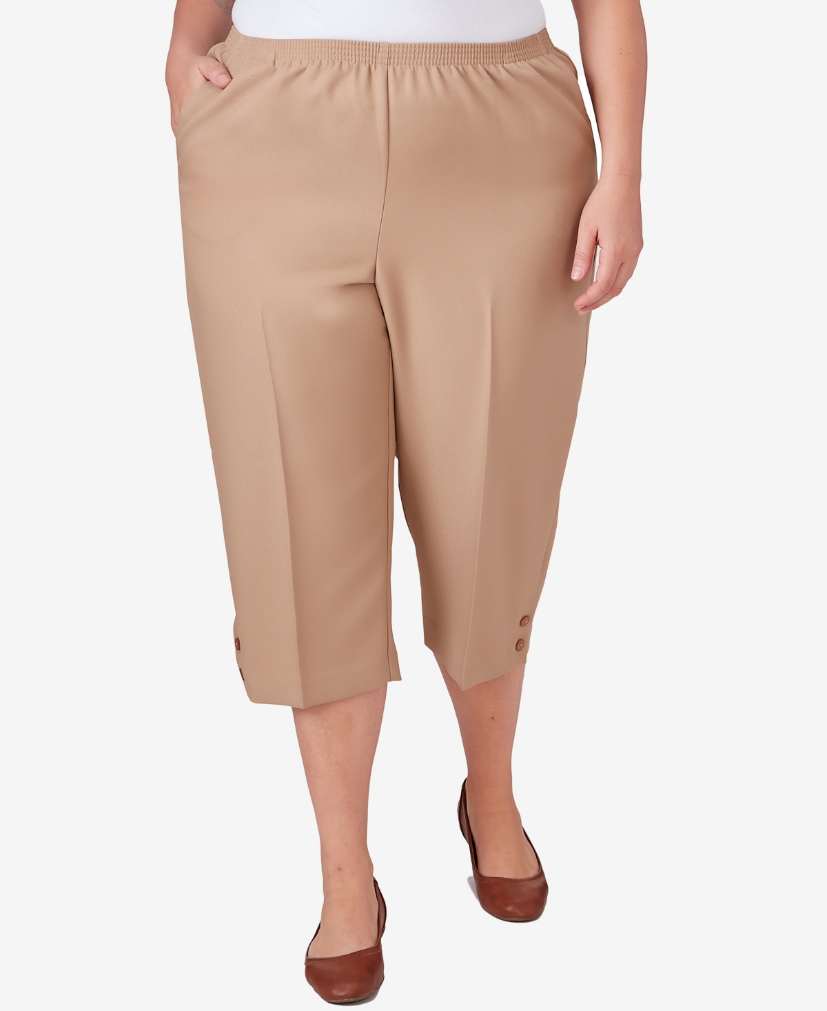 Shop Alfred Dunner Plus Size Classic Stretch Waist Accord Capri Pants With Button Hem In Tan