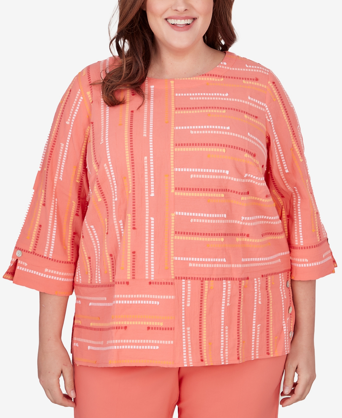 Alfred Dunner Plus Size Neptune Beach Geometric Blouse With Button Details In Coral