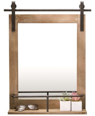Rustic Industrial Wood-Framed Wall Mount Barn Door Vanity Mirror with Shelf and Iron Hardware