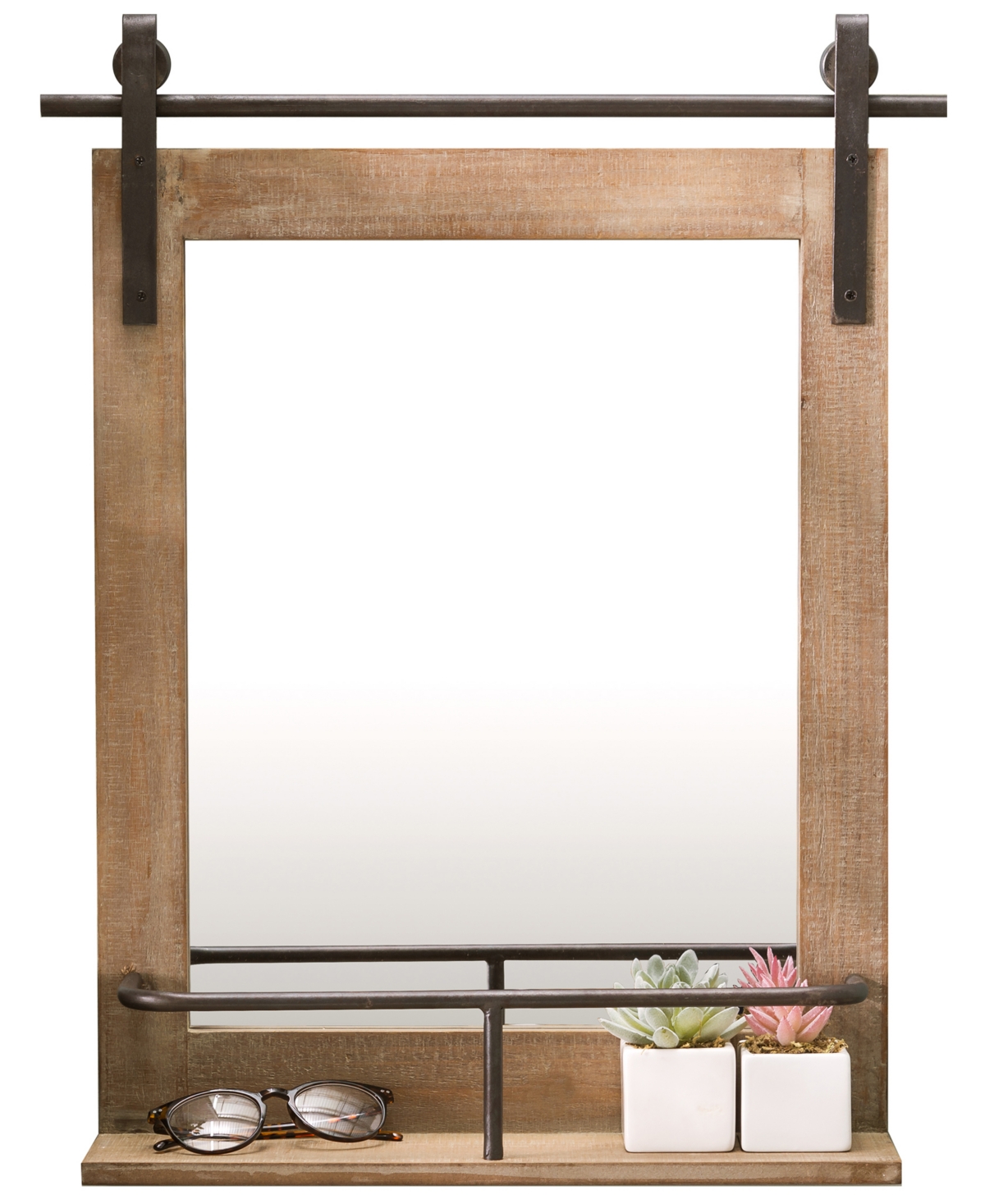 Shop Danya B Rustic Industrial Wood-framed Wall Mount Barn Door Vanity Mirror With Shelf And Iron Hardware In Natural