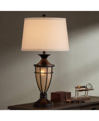 Mission Table Lamp with Nightlight 33" Tall Champagne Glass Brushed Iron Cage Beige Fabric Shade for Living Room Family