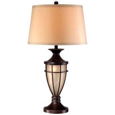 Mission Table Lamp with Nightlight 33" Tall Champagne Glass Brushed Iron Cage Beige Fabric Shade for Living Room Family