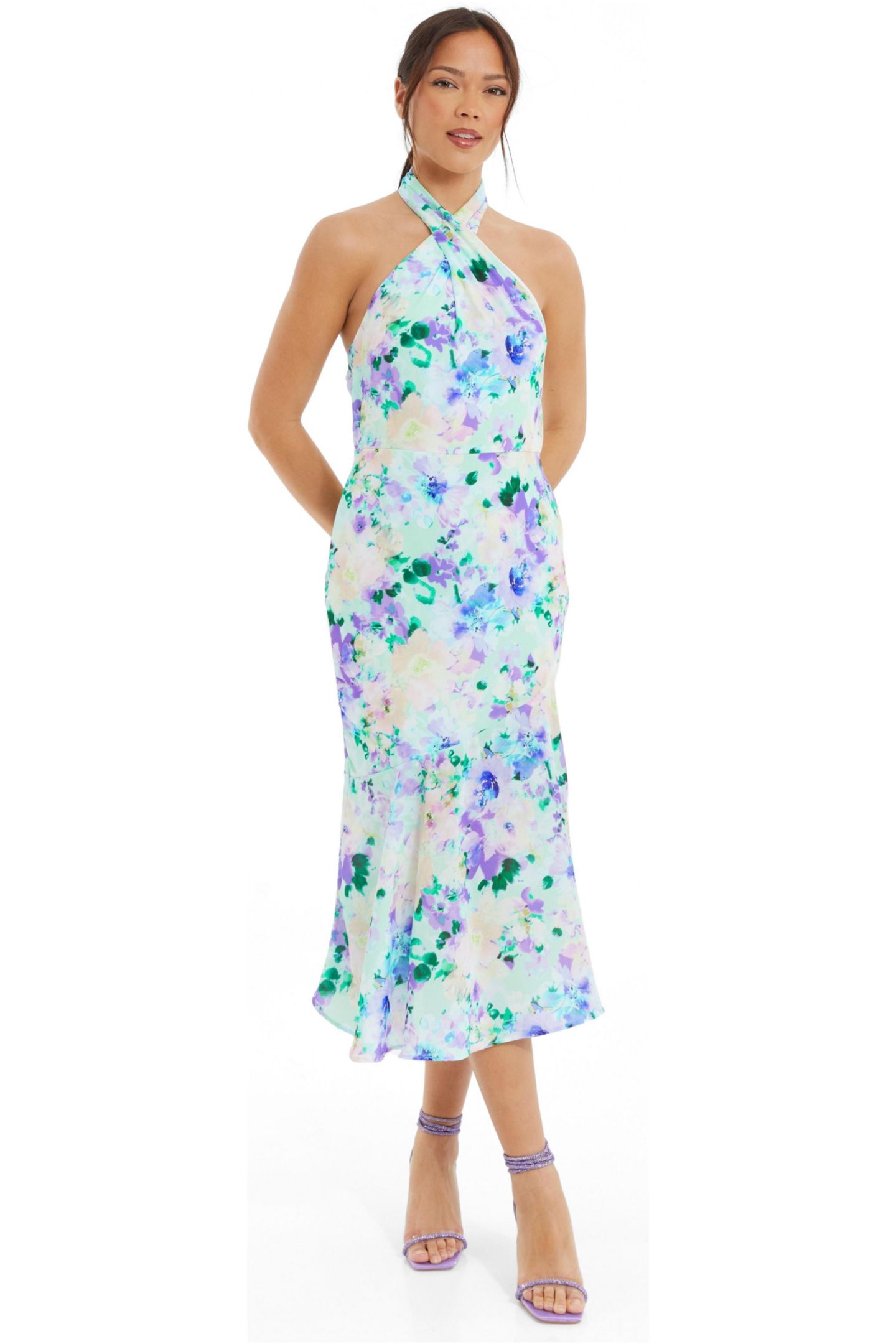 Женское платье QUIZ Floral Crepe Halter Neck Midi, цвет: Разноцветный — фото 1