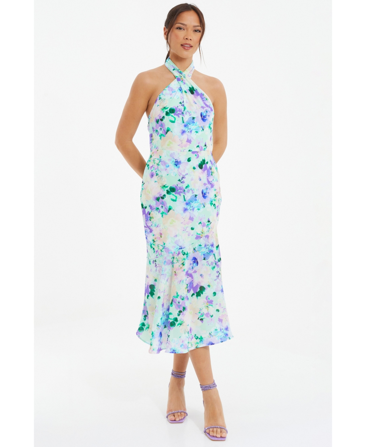 Women's Floral Crepe Halter Neck Midi Dress - Multi