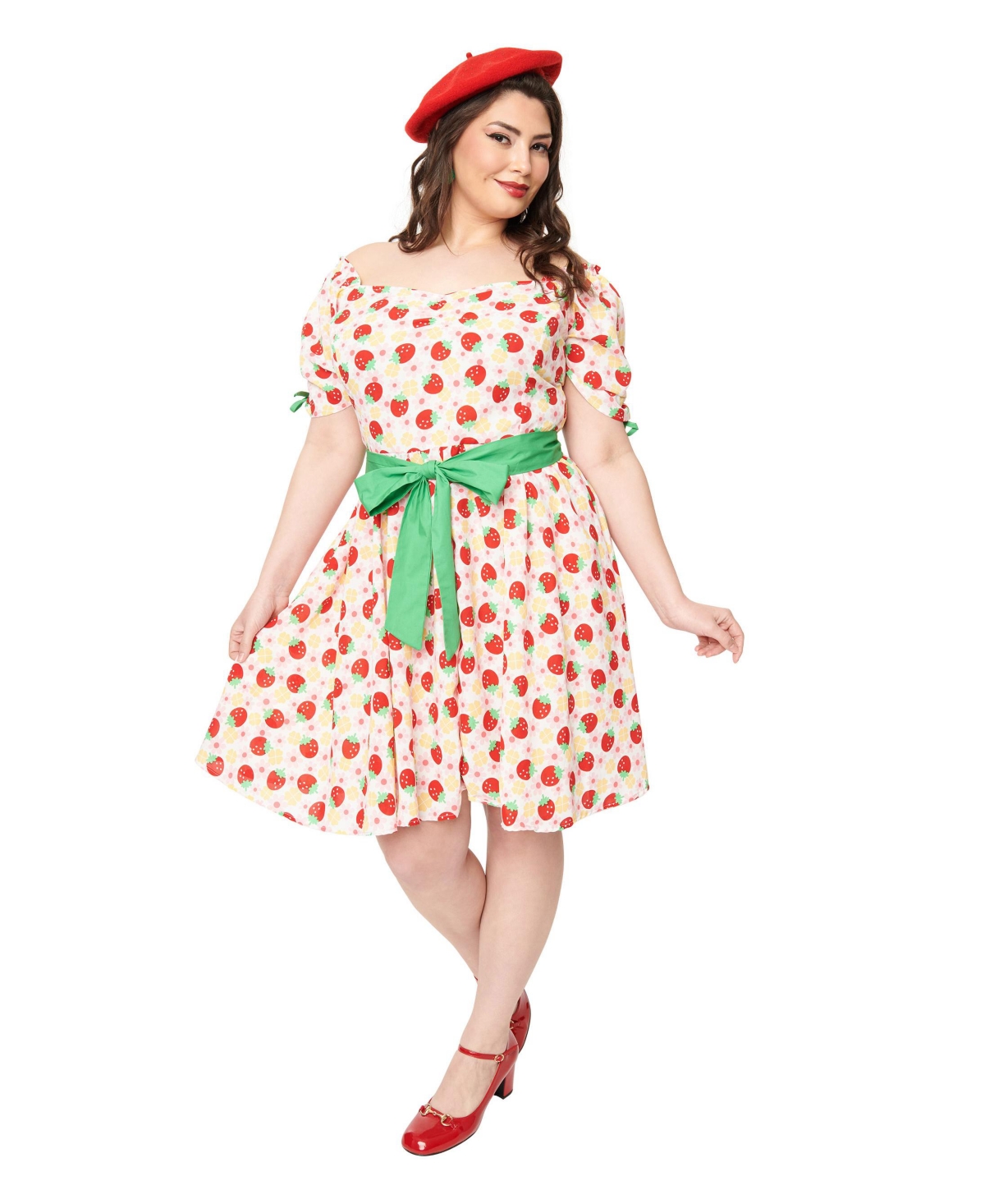 Plus Size Short Puff Sleeve Sweetheart Neck Dakota Fit & Flare Dress - Pink floral strawberries