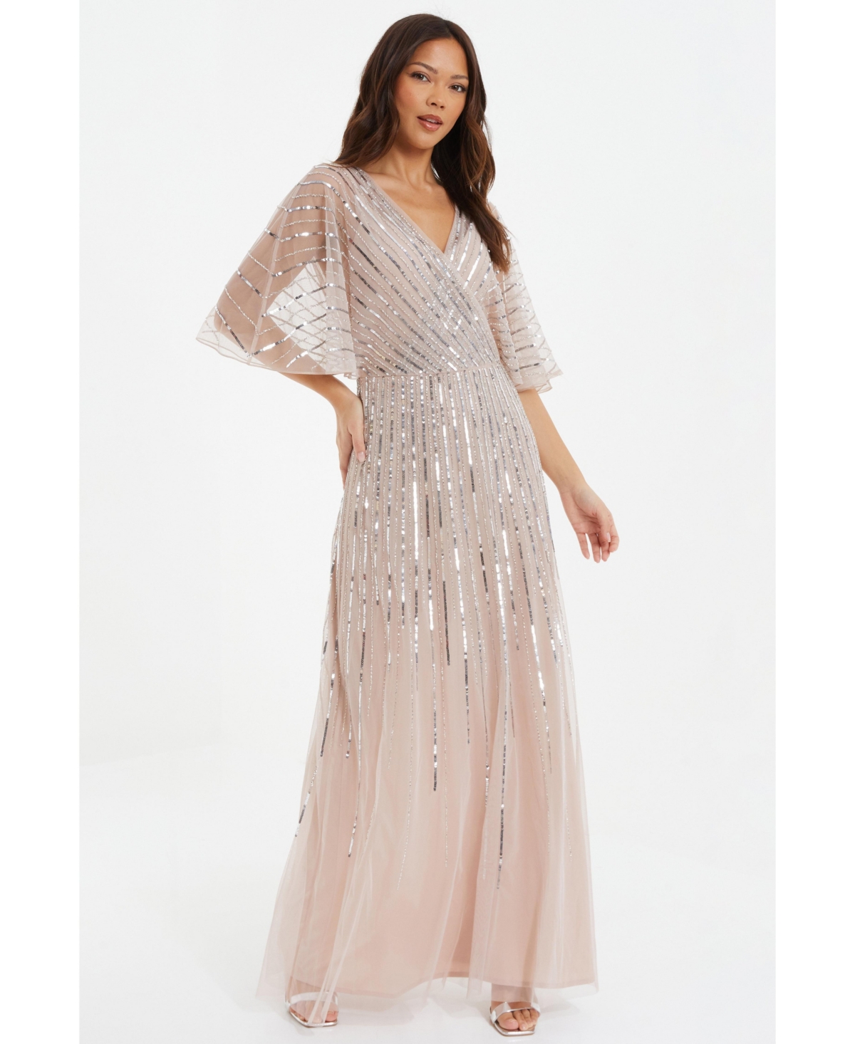 Women's Embellished Sequin Evening Dress - Neutral