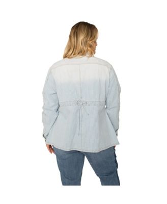 Women's Plus Size Pinstripe Denim Collarless Jacket