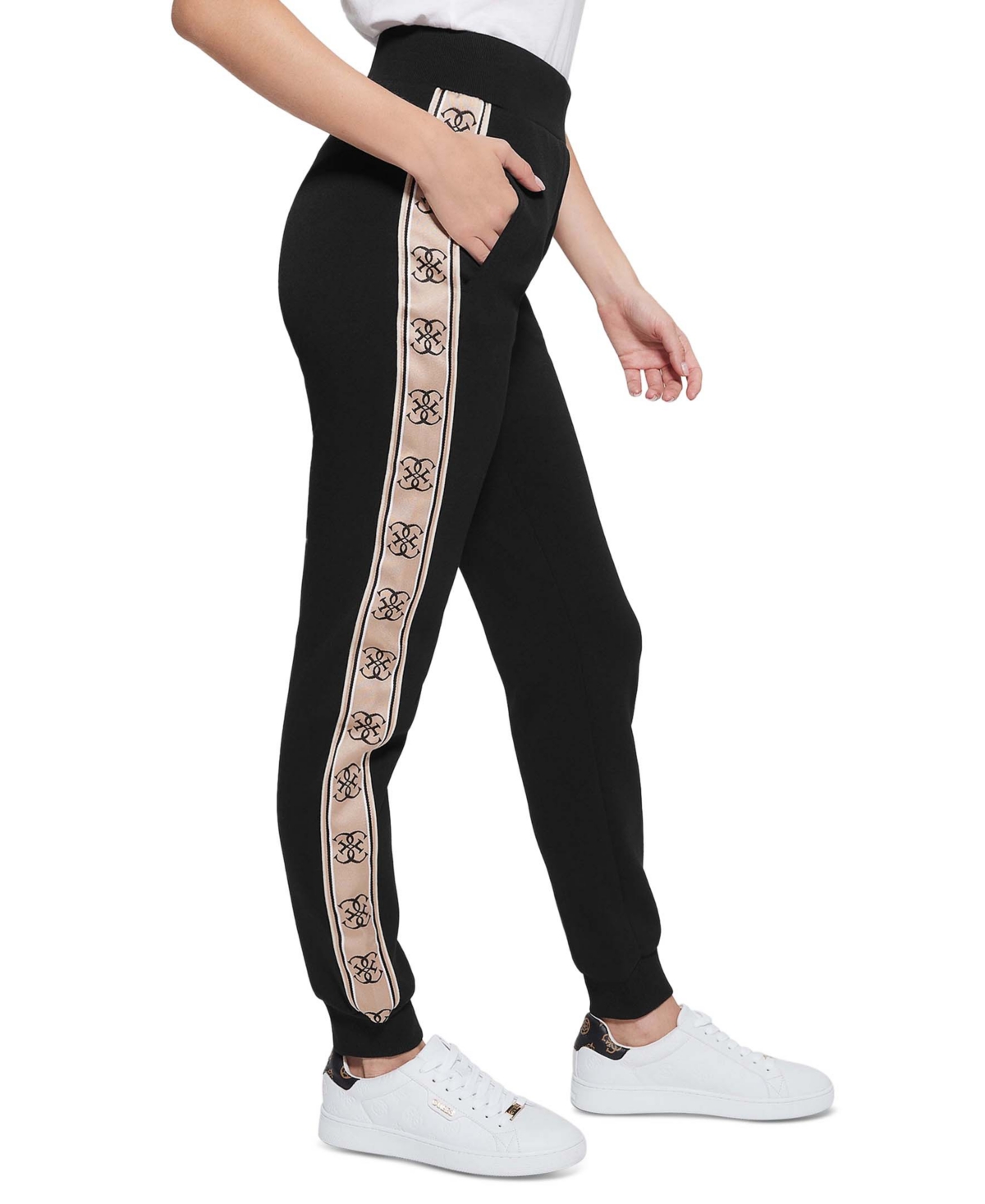Shop Guess Women's Britney High Rise Logo Stripe Jogger Pants In Jet Black A