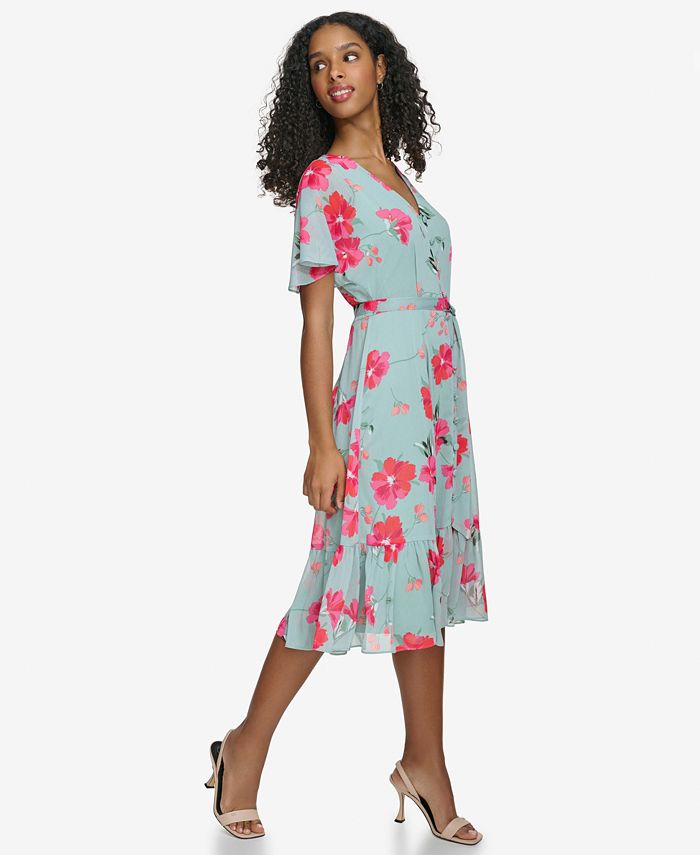 Calvin Klein Women's Printed Flutter Sleeve A Line Dress Blue Size 10