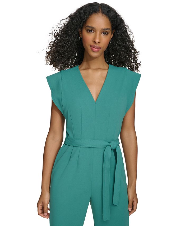 Calvin Klein Women's V-Neck Tie-Waist Cap-Sleeve Jumpsuit - Macy's