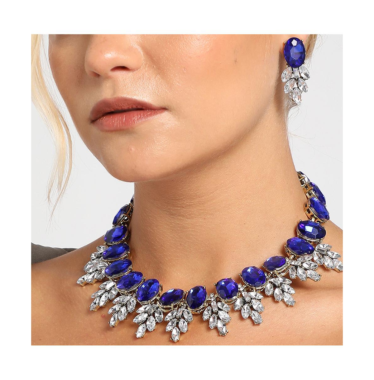 Sohi Women'sStone Leaf Cluster Necklace And Earrings (Set Of 2) - Blue