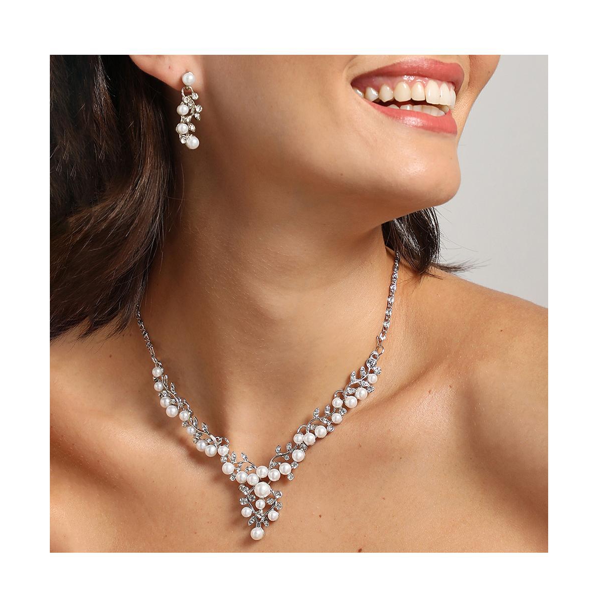 Sohi Women'sPearl Cluster Necklace And Earrings (7-8 mm) (Set Of 2) - White