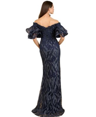 Women's Off shoulder mermaid beaded gown with tiered sleeves