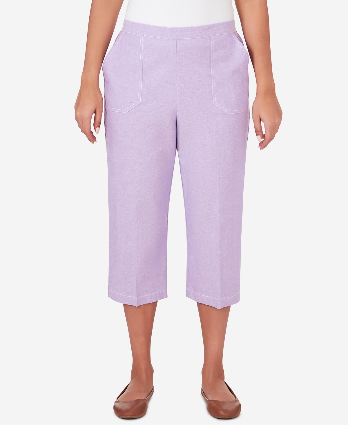 Shop Alfred Dunner Petite Garden Party Chambray Pull-on Capri Pants In Lavender