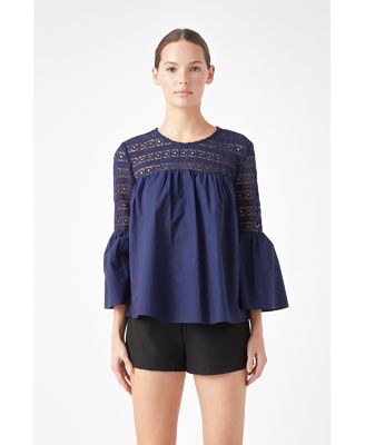 Women's Lace with Poplin Bell Sleeve Blouse