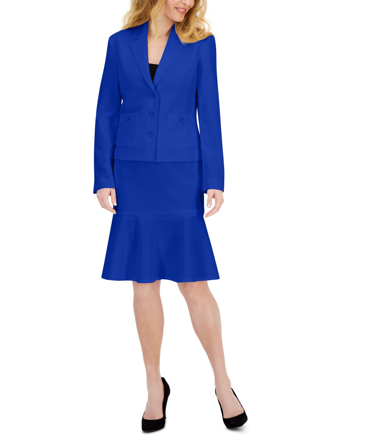Le Suit Women's Crepe Button-front Flounce Skirt Suit, Regular And Petite In Celeste Blue