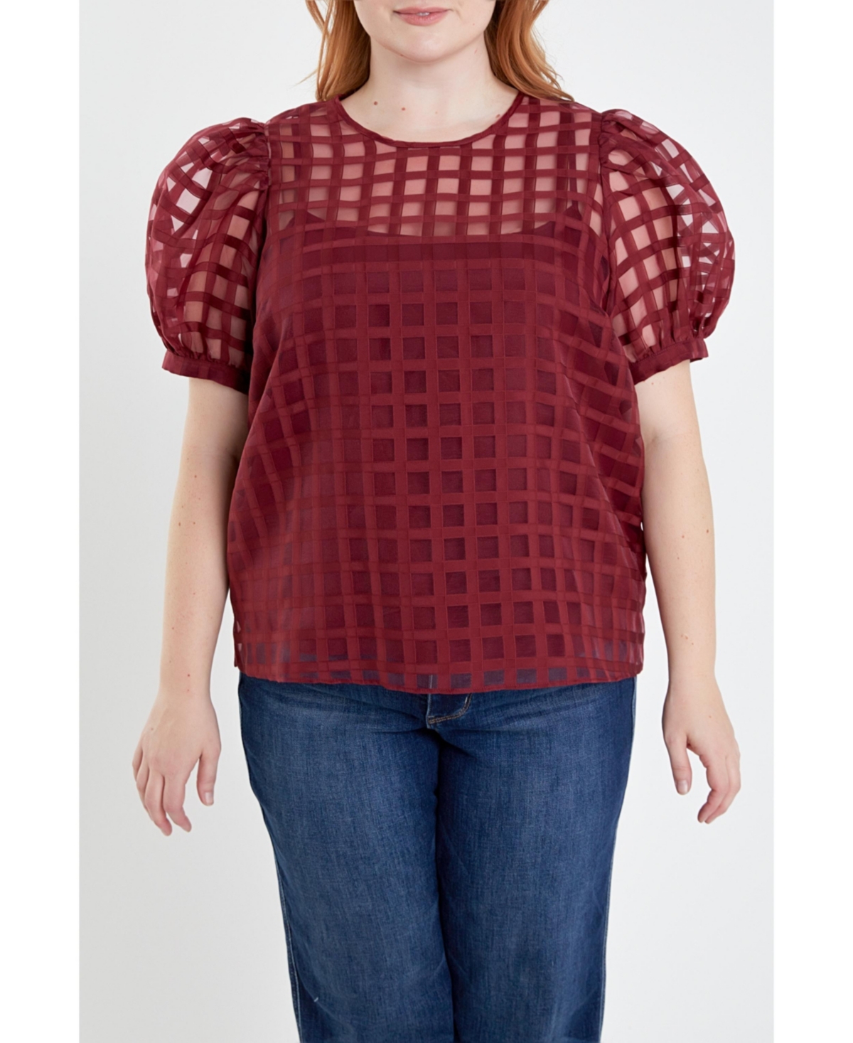 English Factory Plus Size Plaid See Through Top In Dark Red