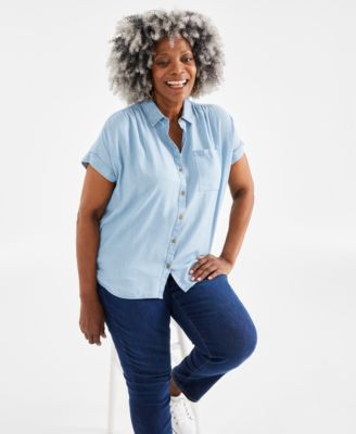 Style & Co Plus Size Chambray Camp Shirt, Created for Macy's