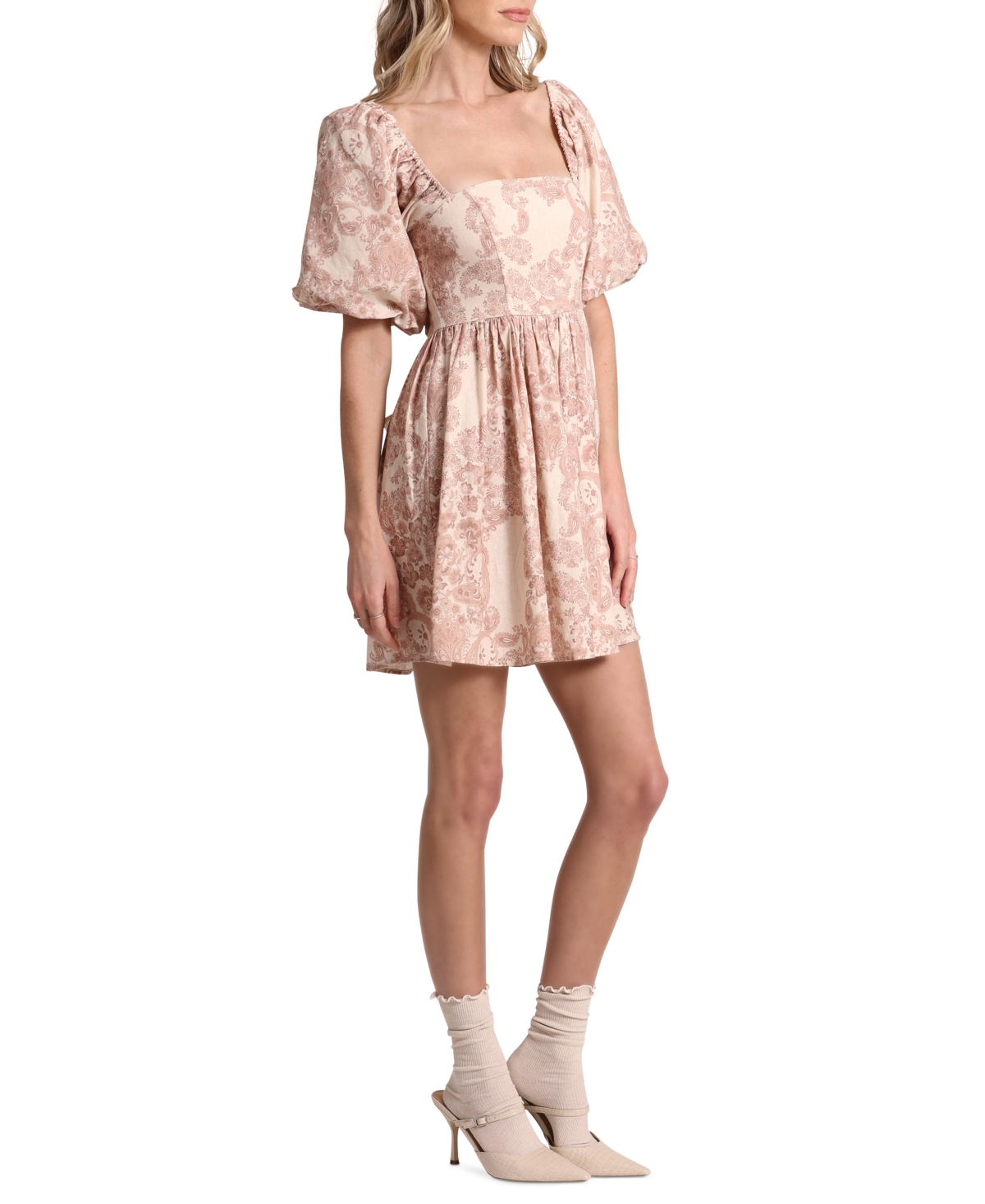 Shop Avec Les Filles Women's Puff-sleeve Square-neck Babydoll Dress In Spring Paisley Neutral